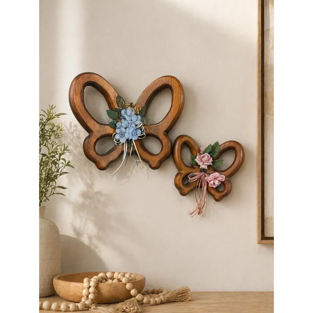 Wood Butterfly Wall Decor Set Carved Floral‎ Cottagecore Boho Hanging Art Pair